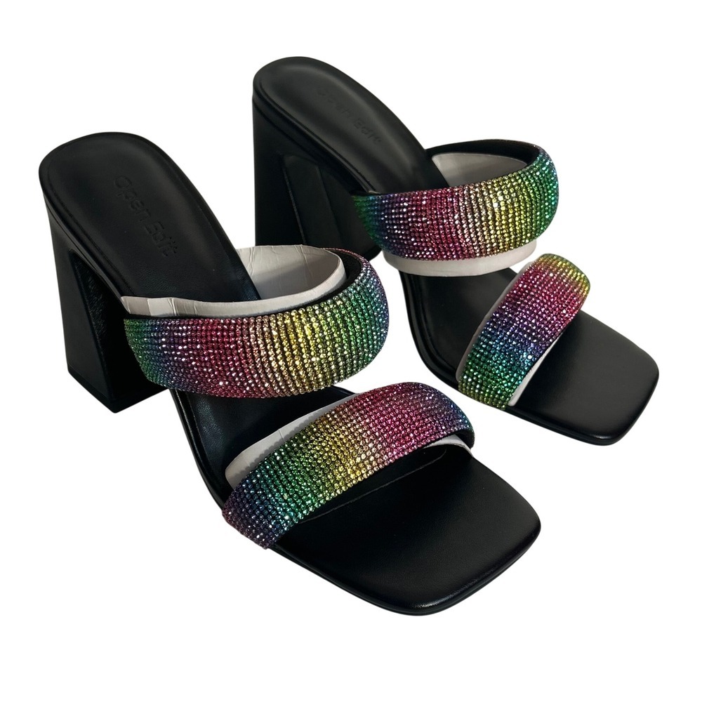 Open Edit Black‎ Rainbow Rhinestone Square Toe Block Heel Mules Slide  Size 8M